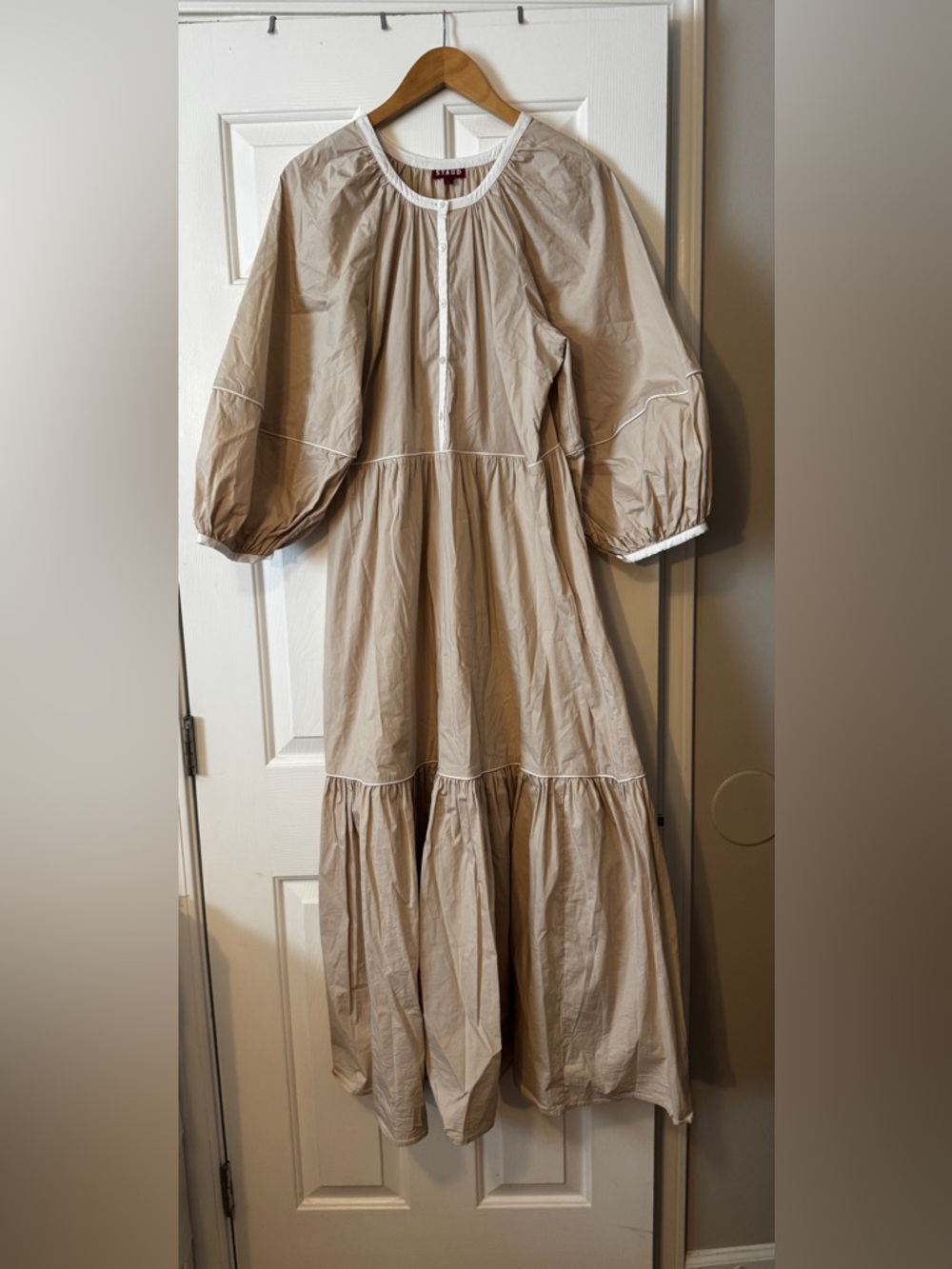 STAUD Demi Dress Tan Beige Voluminous Puff Sleeve Tiered Maxi L